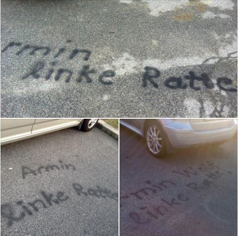 Fotos von 3 Graffities am ORF-Parkplatz: "Armin, du Ratte"