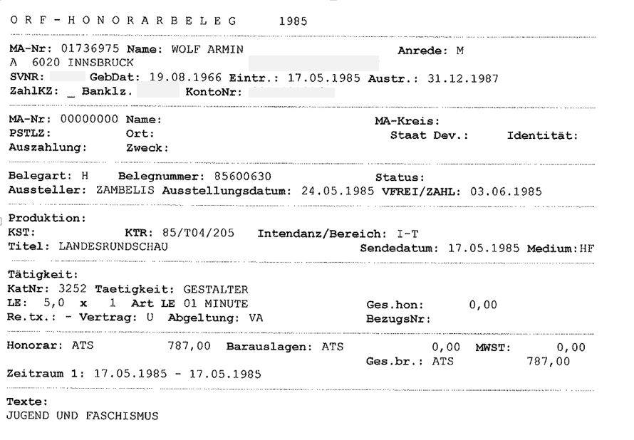 ORF-Honorarzettel von 1985