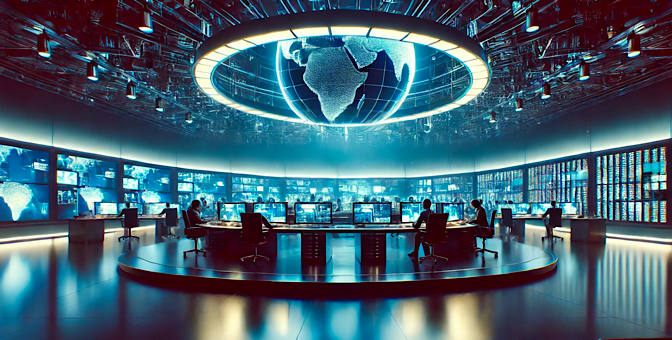 KI generiertes Bild eines in Blau getauchten Newsrooms