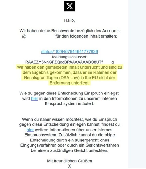 X-Antwort auf Einspruch - Screenshot