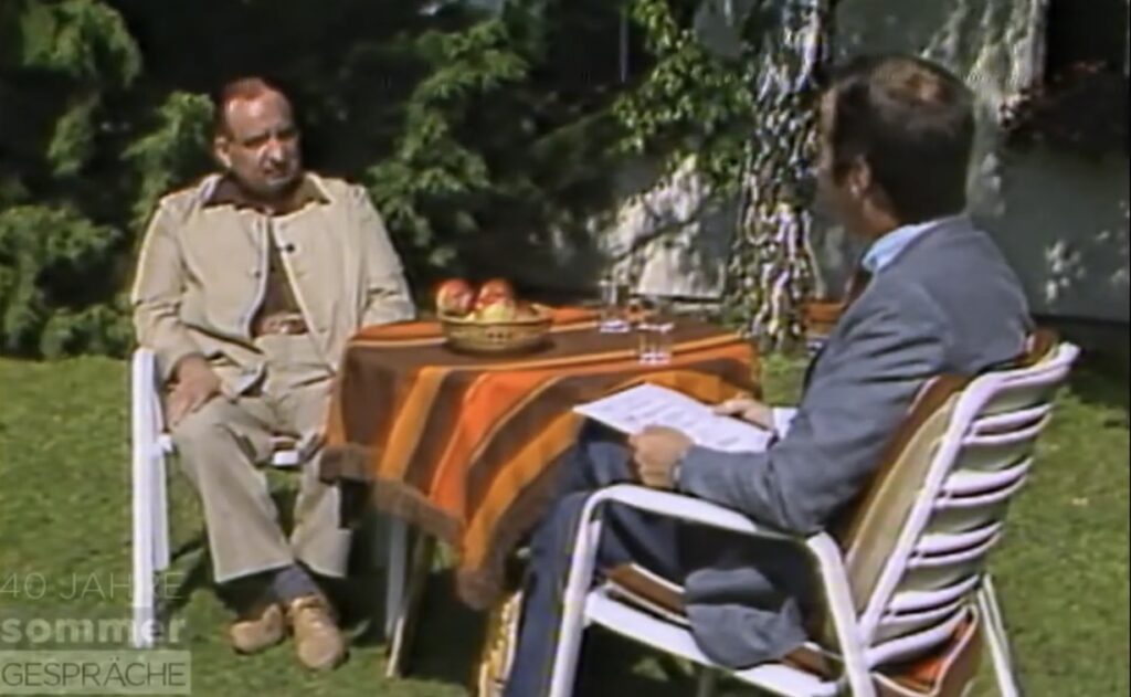 Fred Sinowatz und Rudolf Nagiller beim ORF-Sommergespräch 1984