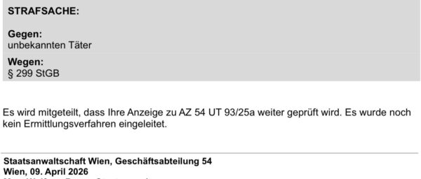 Screenshot Mitteilung StA Wien vom 9.3.26