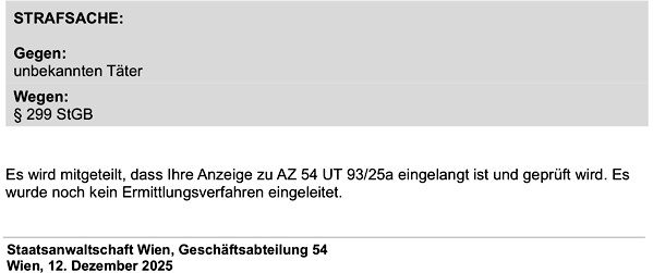 Screenshot Mitteilung Staatsanwaltschaft Wien: Ein Verfahren wurde eingeleitet. 